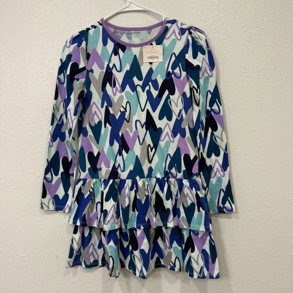 Gymboree Girls Blue Heart Print Ruffle Tiered Long Sleeve Cotton Dress L 10